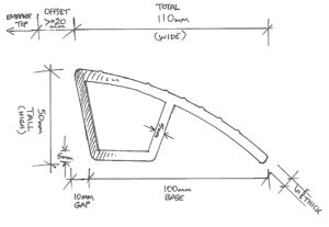 The Best Driveway Ramp (Kerby) Measurements for the Aluminium Extrusion is 5mm thick all round. Total width is 110mm (base closest to the curb is offset by 10mm at the bottom of the extrusion (the base) which is 100mm as we look at the sketch), by 50mm high/tall.