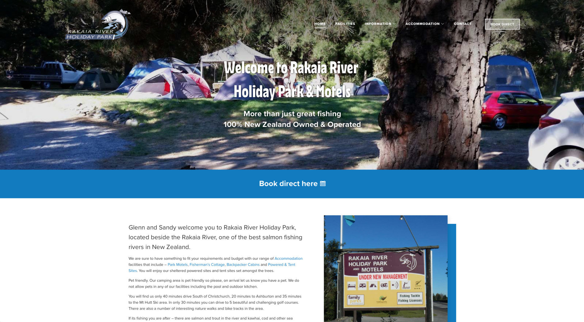 Rakaia River Holiday Park and motels based on the banks of the famous fishing river just south of Rolleston Selwyn and Christchurch NZ - WordPress website design and development, with a dark cool blue colour theme to highlight the river colour symbolizing the clear clean summer skies of the region. This business is based in Rakaia and Rolleston, CHC, Christchurch Canterbury NZ. This website design is trying to show you that it's all about the off the road destination that fun and safe for the family. Great for motorhomes and people coming from the airport wanting a rest of a stopover.