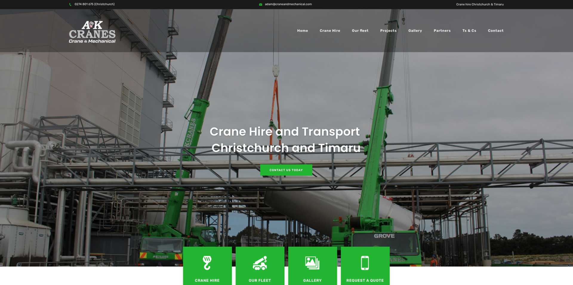 AK or A & K Cranes based in Rolleston Selwyn and Christchurch NZ - website design and development plus SEO project, with a dark and sophisticated colour theme and a highlight green colour (the exact match of the crane's paint colour) symbolizing high quality architectural clean and caring results, a sharp look to portray a high level of professionalism. This business is based in Rolleston, CHC, Christchurch Canterbury NZ. This WordPress website design is trying to show you it's not all about who has the biggest crane but what you can do with it, the correct crane size for the job at hand. This site demonstrates a superior result all designed for you to get increased value for money from your next crane hire.