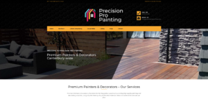 Precision Pro Painting and decorating Christchurch NZ - website design and development with a dark and sophisticated colour theme colour symbolizing high quality architectural results plus the cleanliness or clean shape lines that created a sharp look in terms of the feeling in your home. Based in CHC, Christchurch Canterbury NZ. This is WordPress website design is trying to show you it's not all about who has the biggest paint brush, this site demonstrates a superior result all designed for you to enjoy and relax increased value in your home.