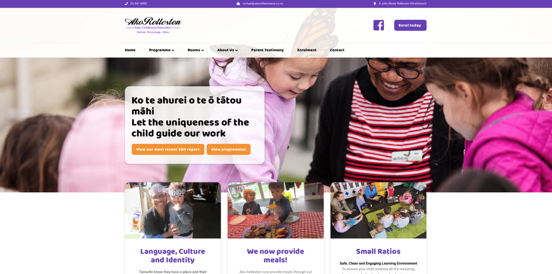 Ako Pre school Rolleston NZ - website design and development with a striking purple colour symbolizing kids and fun. Based in Rolleston, Selwyn and Christchurch. This is WordPress website design trying to show you there is more fun and learning at this small establishment than you think