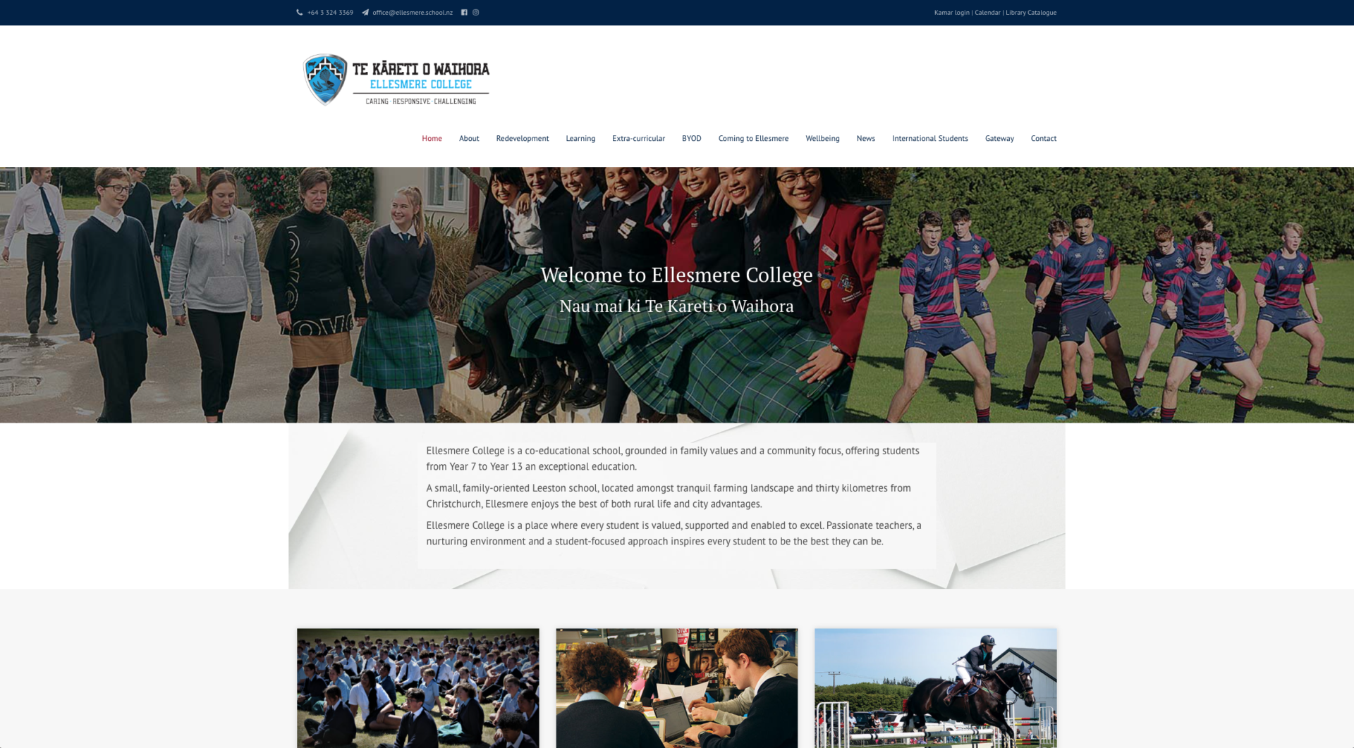 Ellesmere College Leeston New Zealand - website design and development light and dark blue colours symbolizing curriculum. A business based in Leeston's main town, Selwyn. This is WordPress website design trying to be more school-friendly to attract overseas children to the country, farm based school with a pathway to Lincoln University
