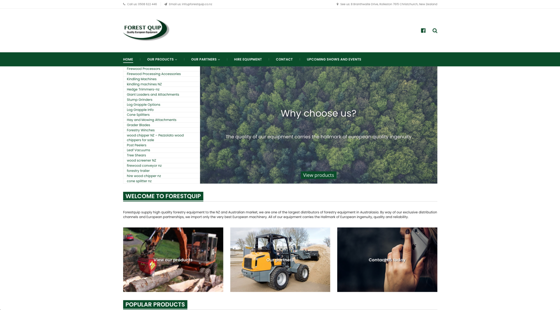 ForestQuip (Forest Equipment) New Zealand - website design and development with forestry green colours symbolizing dense bush. A business based in Rolleston, Canterbury. This is WordPress website design trying to be more personable and friendly to avoid the massive lists of equipment for sale on this ecomm site