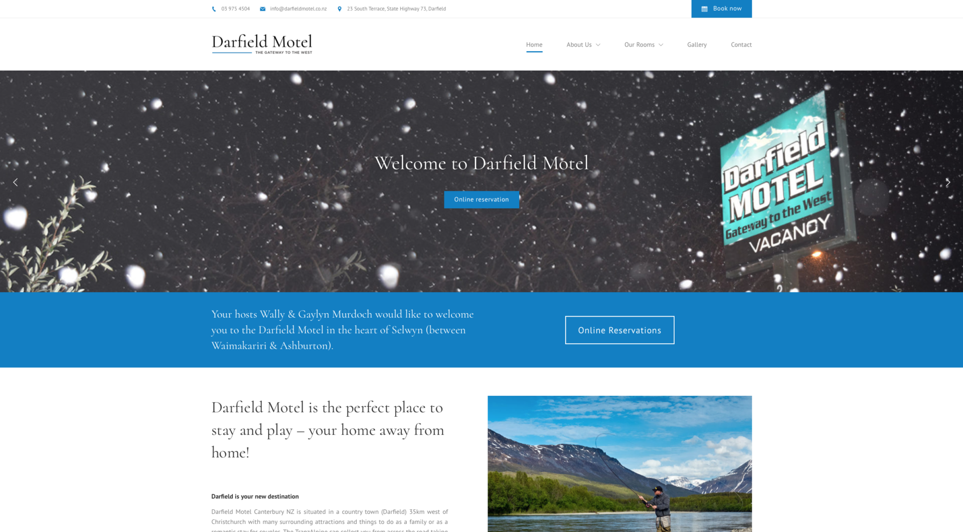 Darfield Motel New Zealand - website design and development with cool blue and orange colours symbolizing the outdoors and fresh country air. A business based in Christchurch, Canterbury This is WordPress website design trying to be more personable and friendly as a destination to stay with many fun and adventure activities to do