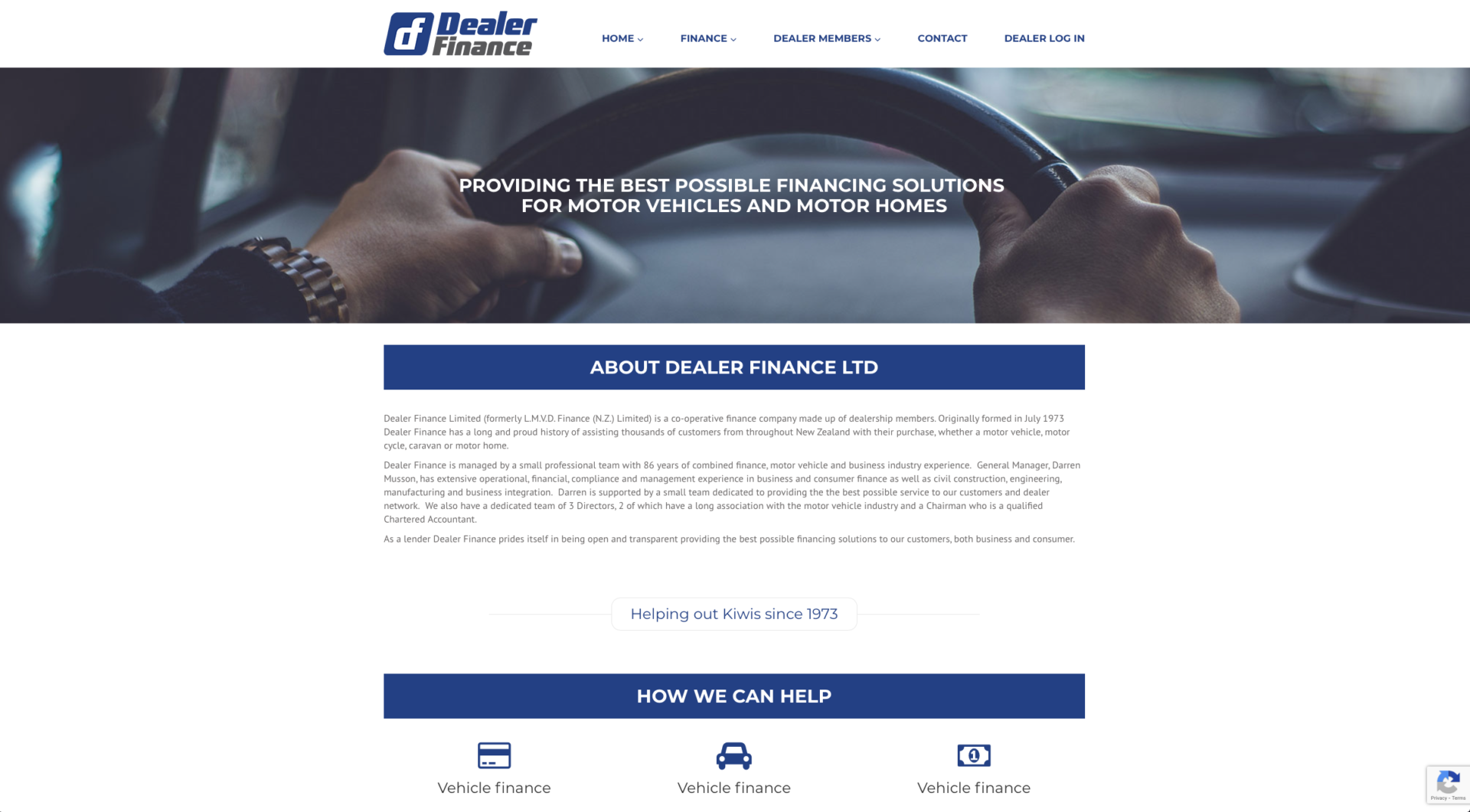 Dealer Finance (DF) New Zealand - website design and development with cool blue hues and colours symbolizing trust. A business based in Ashburton and Christchurch, Canterbury This is WordPress front end and a dealer portal back end