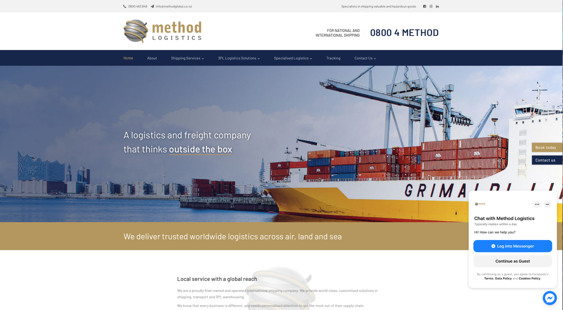 Method logistics New Zealand - website design and development with dark blue and gold colours symbolizing quality of care, logistics and trust for your freight with a business based in Hornby, Christchurch, Selwyn Canterbury