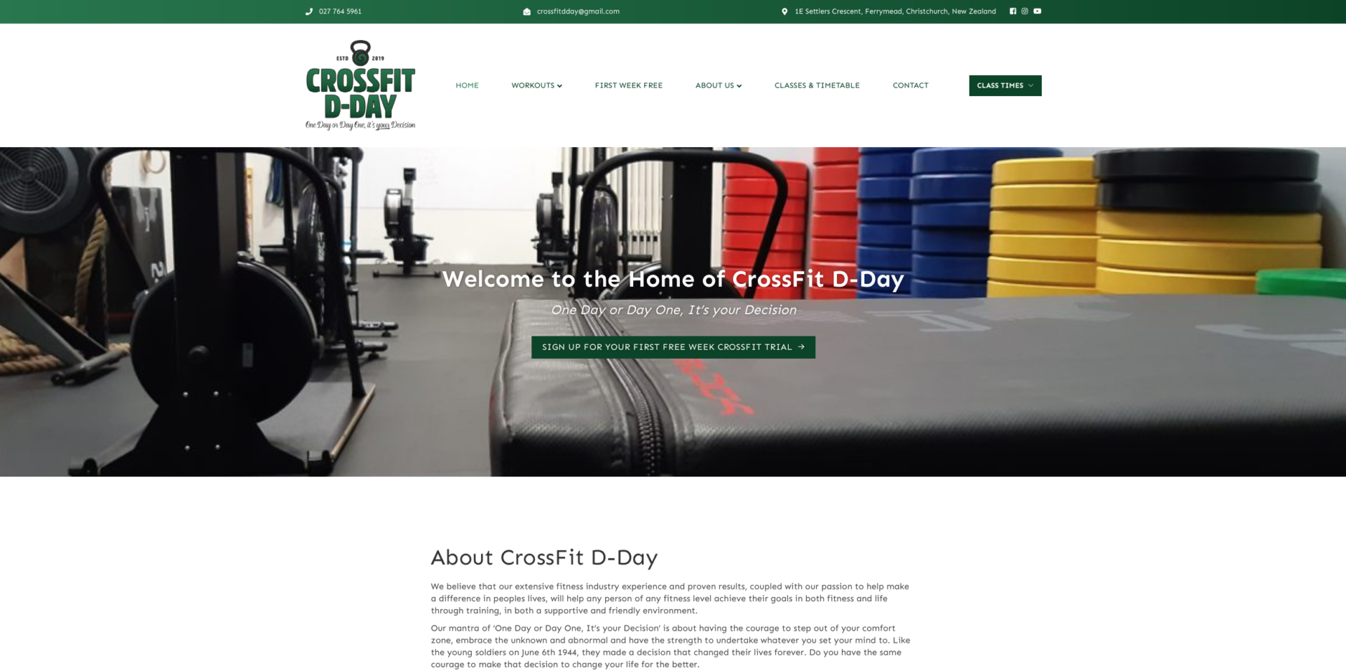 Crossfit D-Day Gym and fitness club New Zealand website design and development with dark green colours symbolizing traditional values and methodologies that work